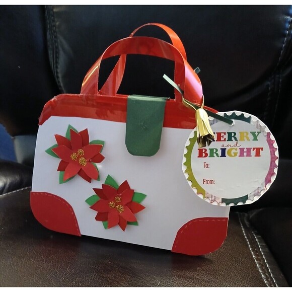 Handmade Paper Purse Gift Bag Gift Card Holder Christmas Poinsettias Magnet - Picture 2 of 9